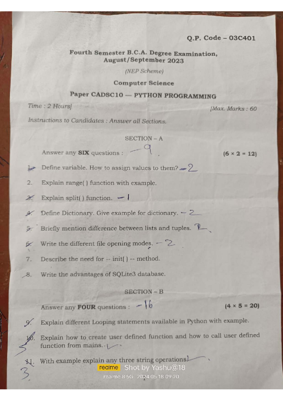 Q.P. Code 03C401 B.C.A. 4th Sem Exam 2023: Python Programming - Studocu