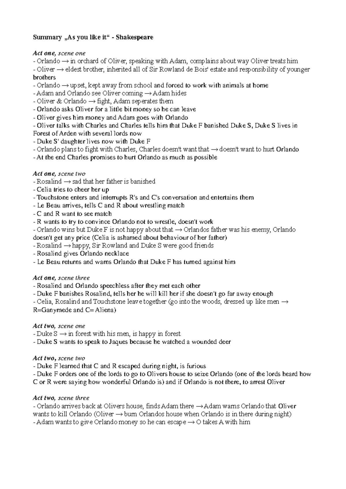 As You Like It Summary - Detailed Analysis of Act I - IV Scenes - Studocu