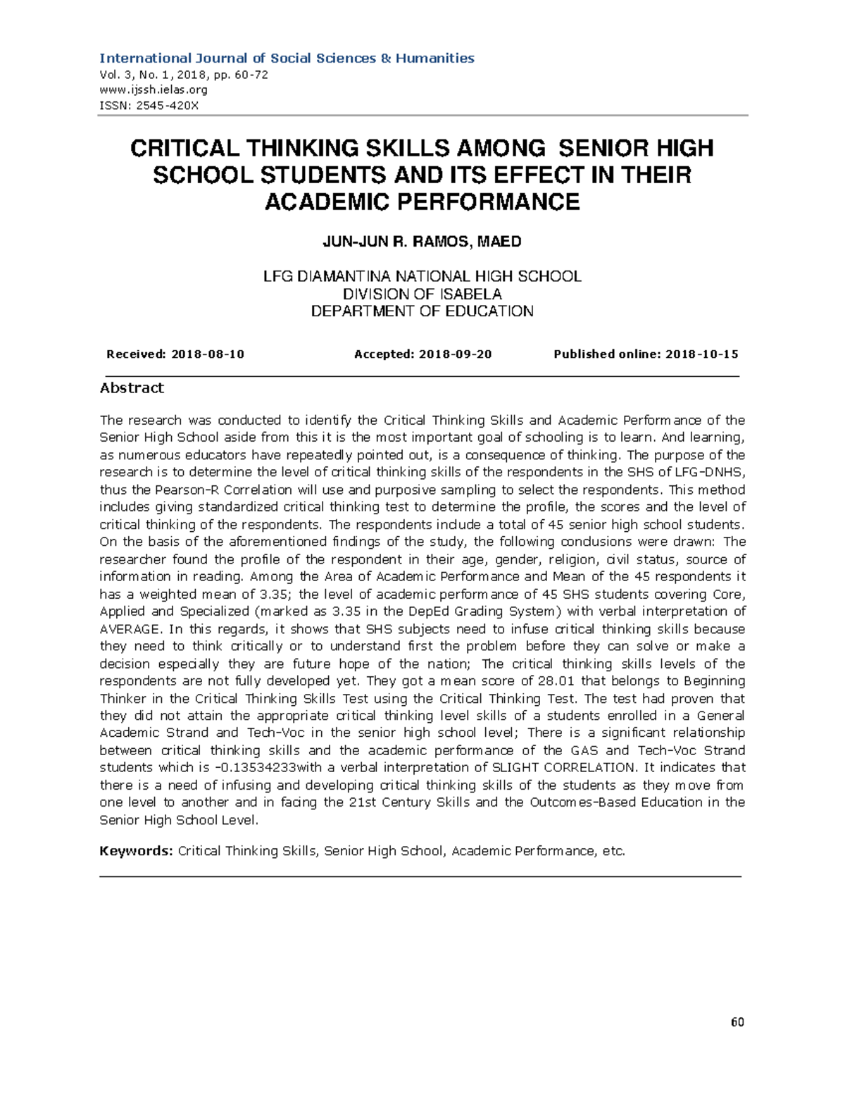 Critical Thinking Skills and Academic Performance in SHS: A Study - Studocu
