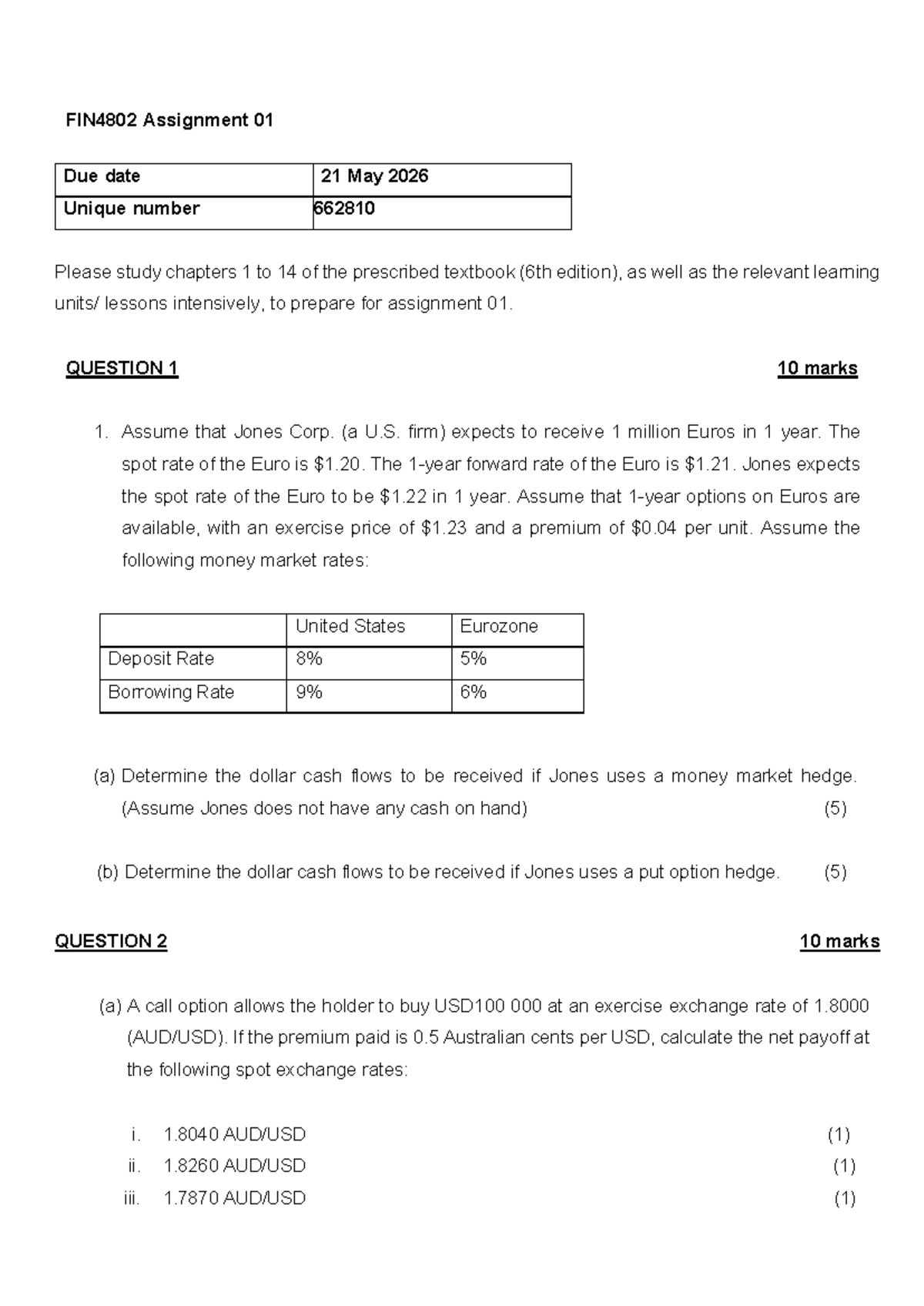 FIN4802 Assignment 01: Currency Hedging Strategies Analysis - Studocu