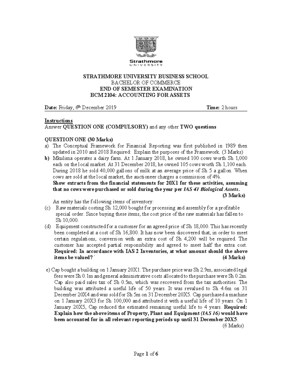 Accounting Exam 1 - STRATHMORE UNIVERSITY BUSINESS SCHOOL BACHELOR OF ...