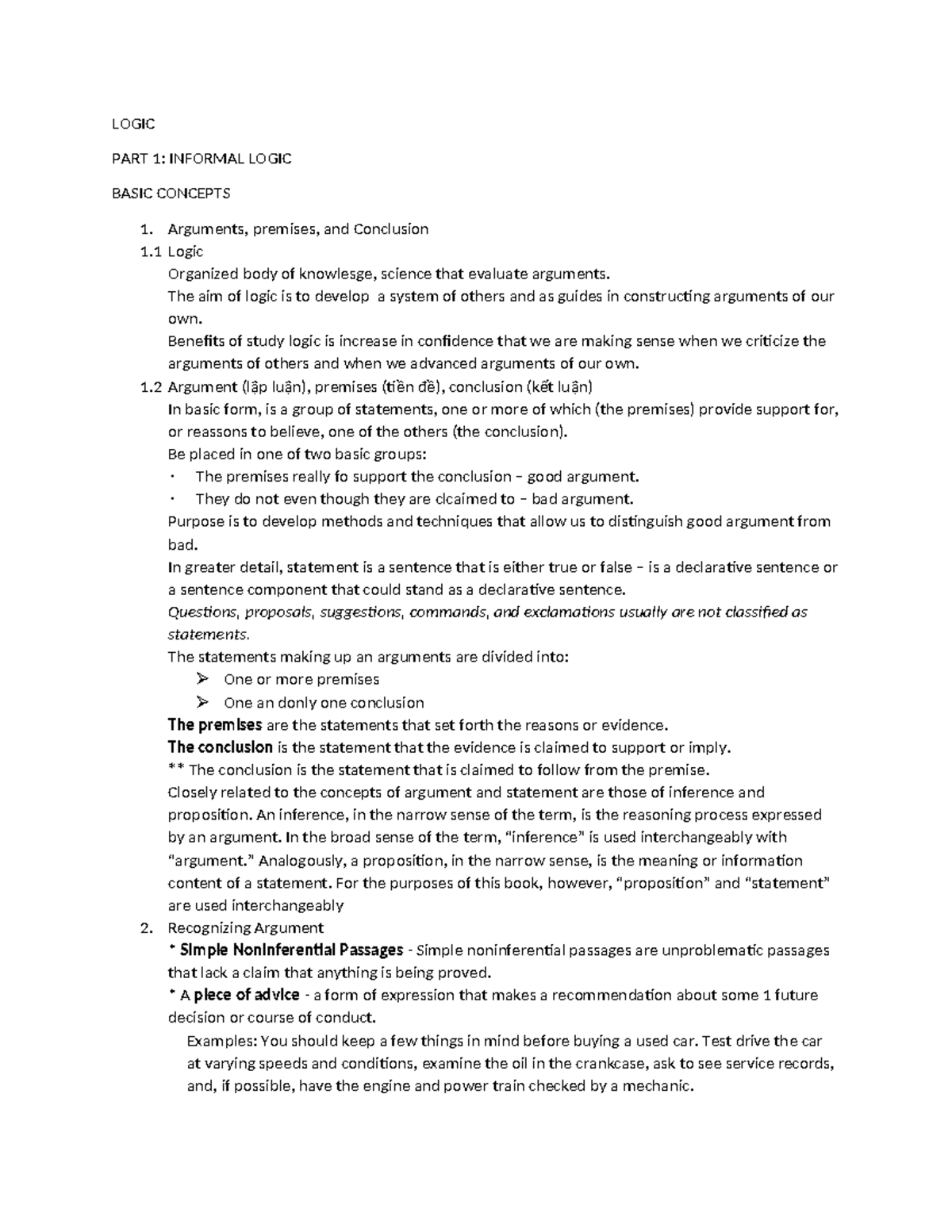 LOGIC 101: INFORMAL LOGIC BASIC CONCEPTS & ARGUMENTS OVERVIEW - Studocu