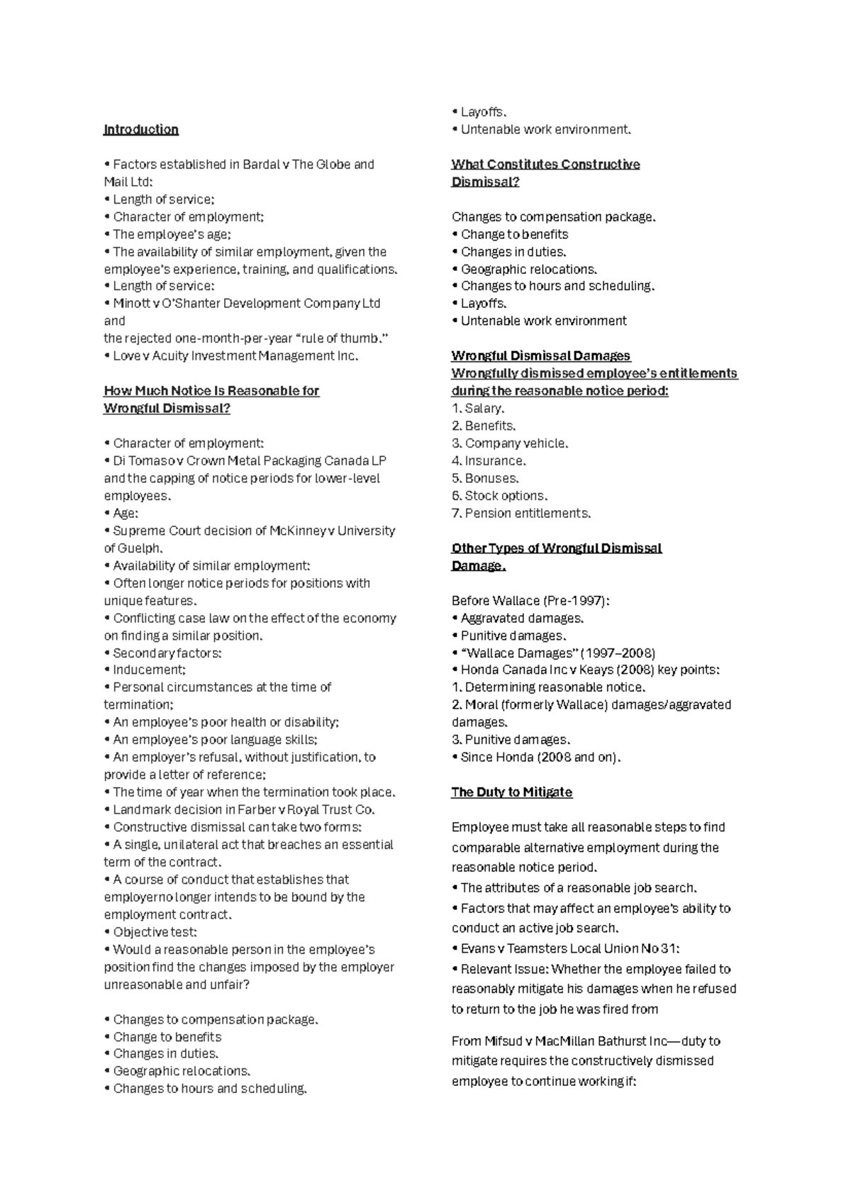 Employment Law Test 2: Key Cases and Concepts in Wrongful Dismissal ...