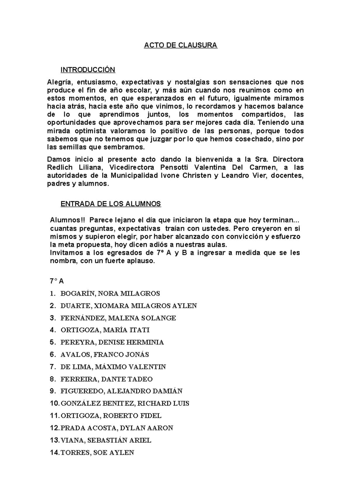 ACTO DE CLAUSURA 7º GRADO - FIN DE CLASES 2023 - Studocu