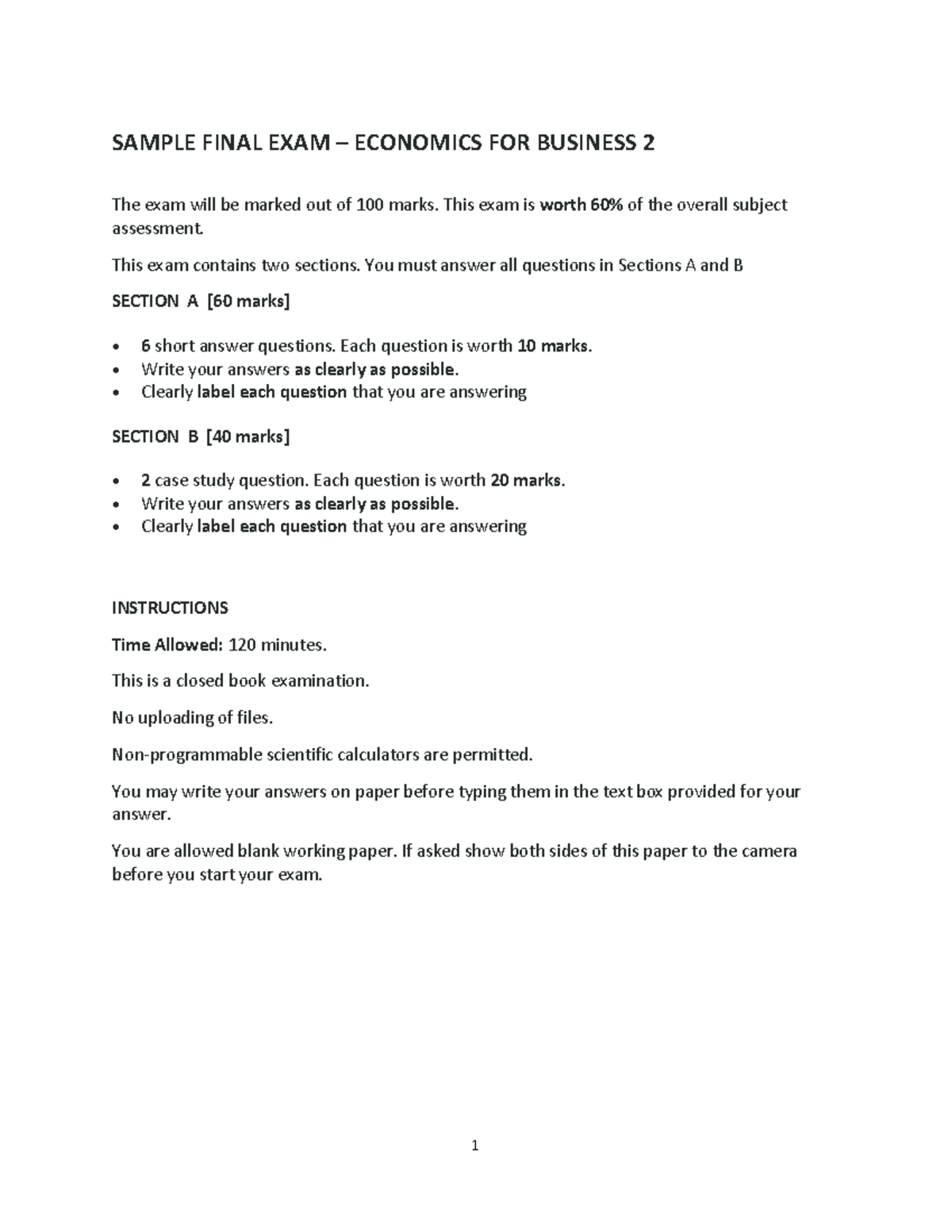SAMPLE FINAL EXAM ECONOMICS FOR BUSINESS 2 - AUT 2021-1 - Studocu