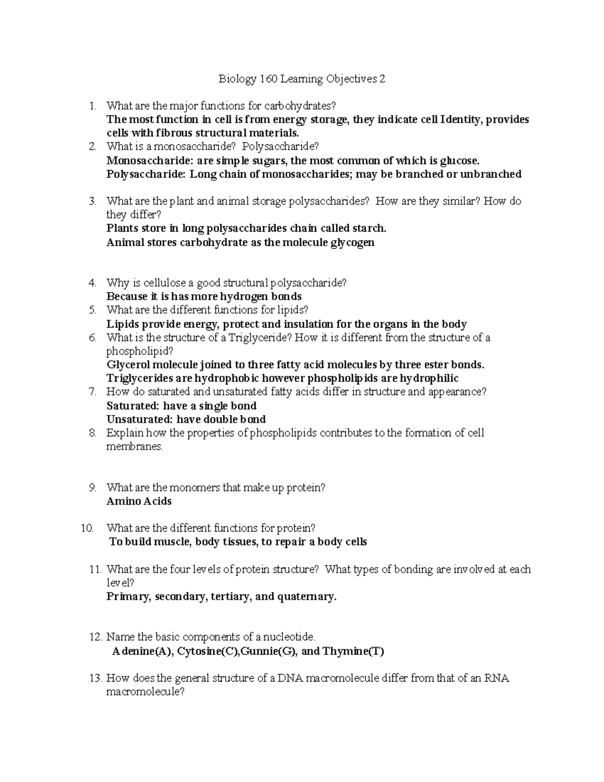 Biology 160: Learning Objectives 2 on Carbs, Lipids, Proteins & DNA ...
