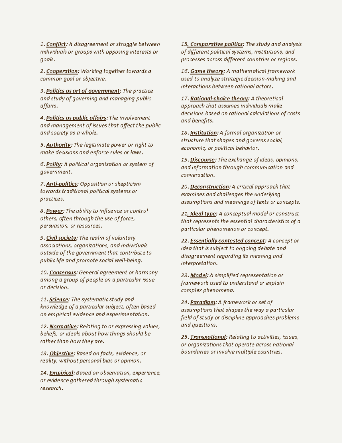 Chapter 1 Key Concepts: (What is Politics) - Conflict: A disagreement ...