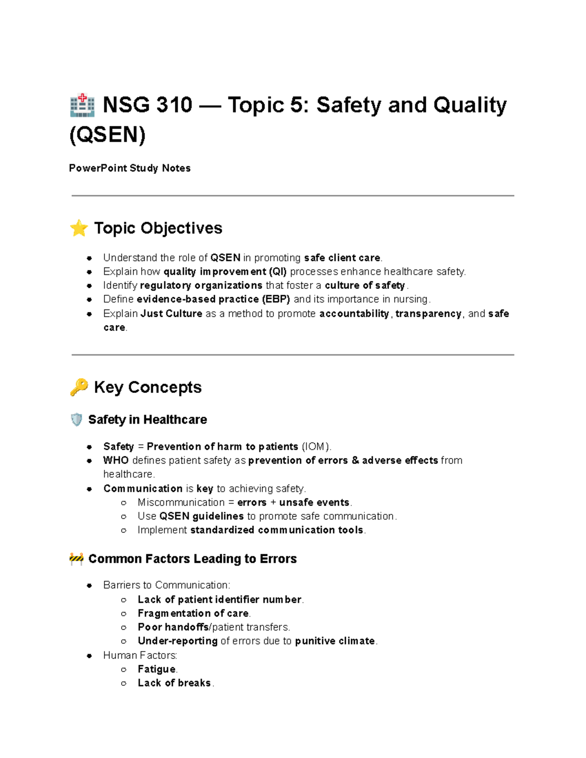 NSG 310 Topic 5: QSEN Safety & Quality PowerPoint Study Notes - Studocu