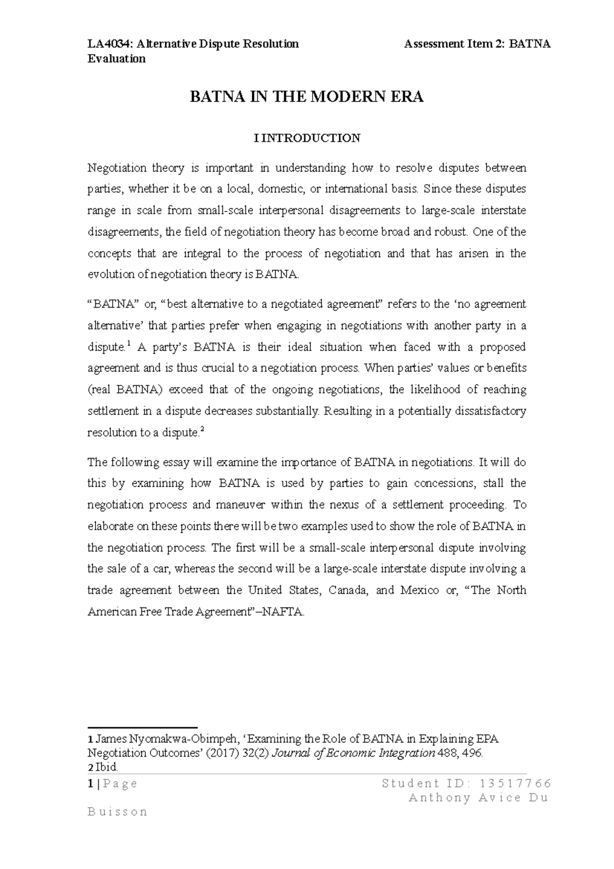Assessment 2: Understanding BATNA in Modern Negotiations - Studocu
