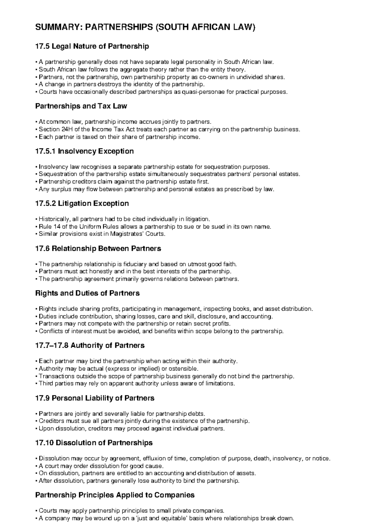 Partnerships Summary: Legal Nature & Implications (SA Law) - Studocu
