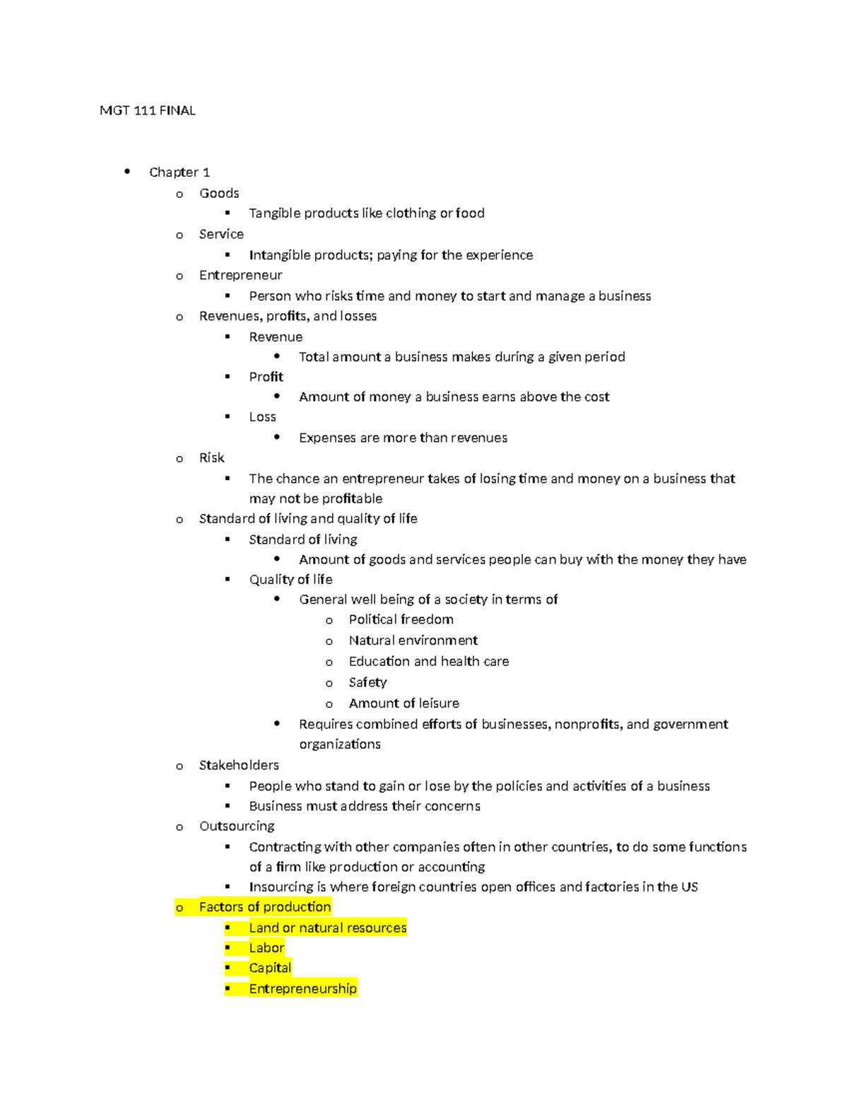 MGT 111 final - hguyyugiu - MGT 111 FINAL Chapter 1 o Goods Tangible ...