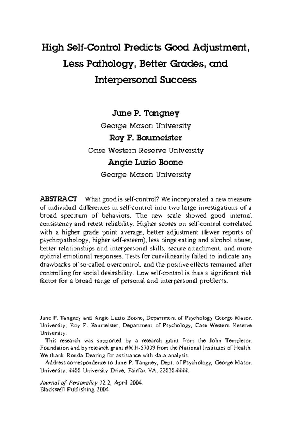 Self-Control Scale: Predicting Adjustment, Pathology, and Success - Studocu