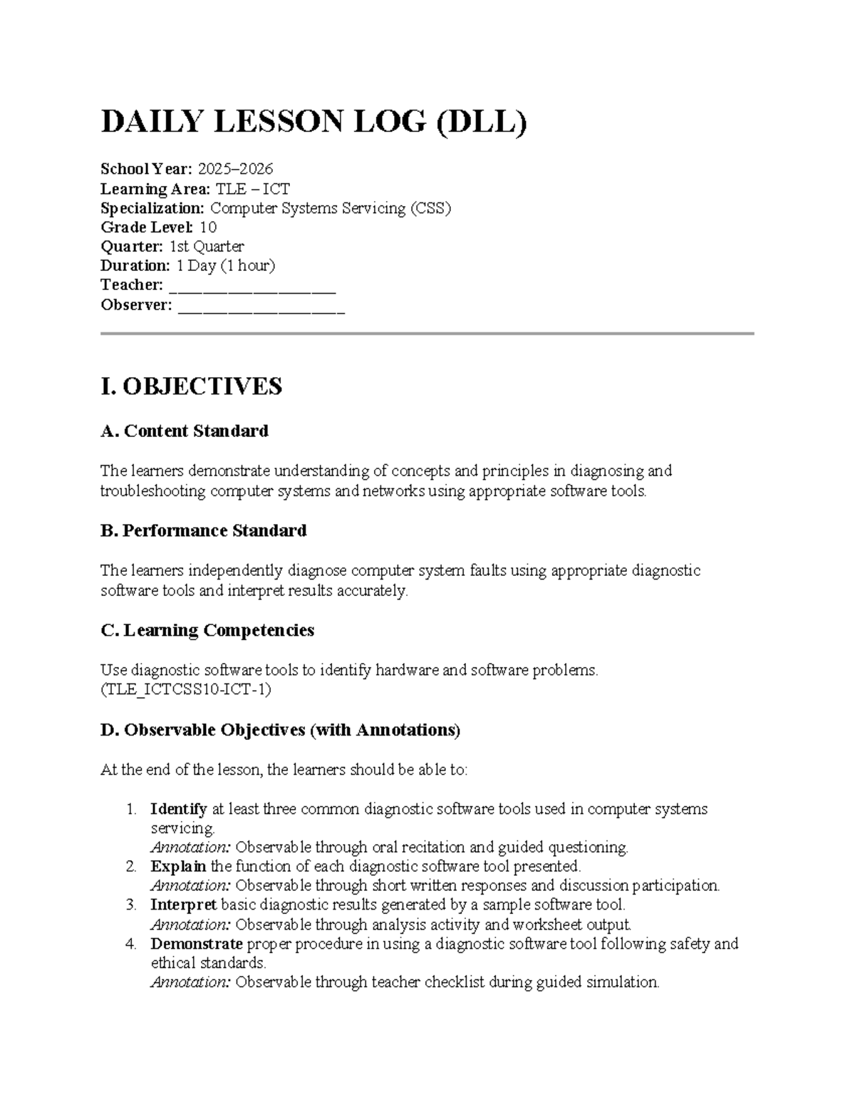 Daily Lesson Log (DLL) for TLE ICT CSS Grade 10 - 1st Quarter - Studocu