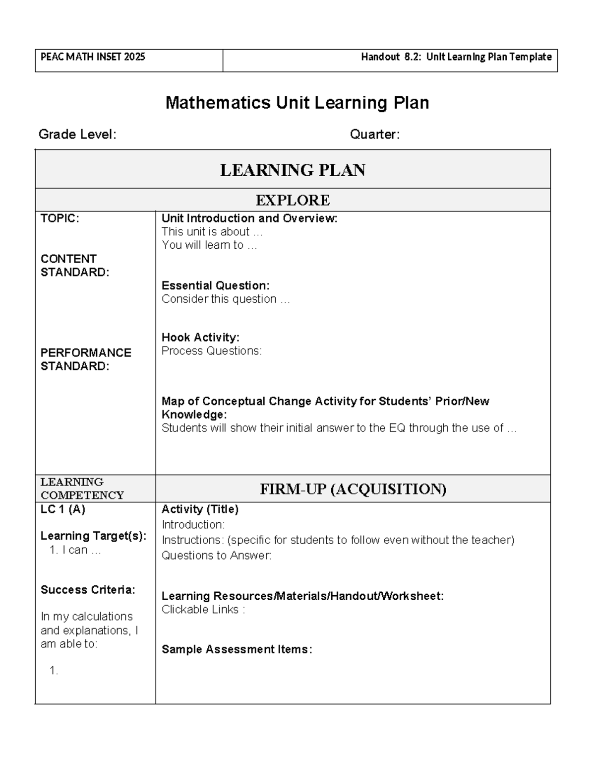 PEAC MATH INSET 2025: Unit Learning Plan Template (Handout 8.2) - Studocu