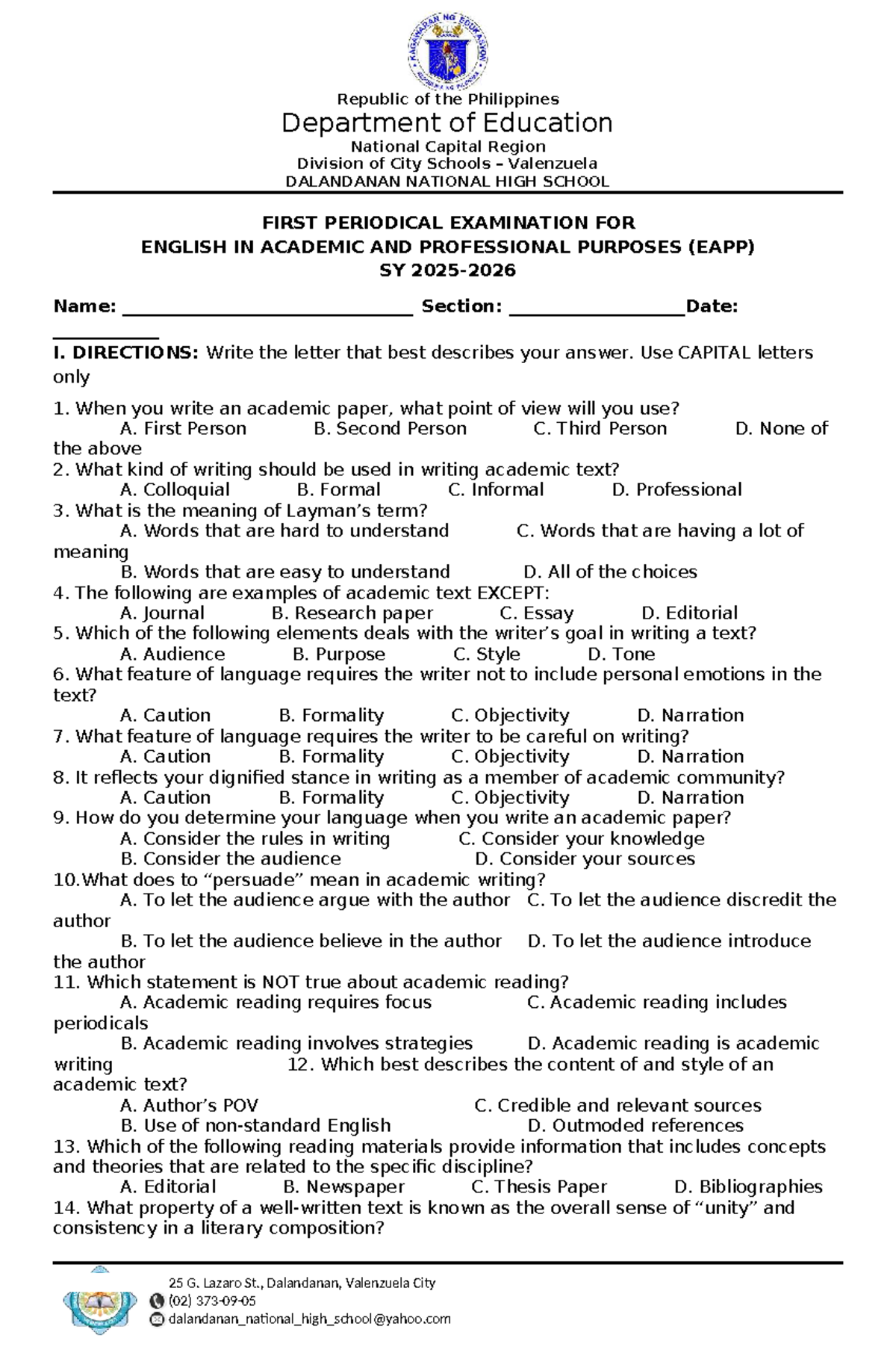 EAPP 1st Periodical Exam Review: English for Academic Purposes - Studocu