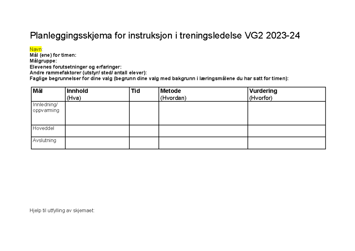 Planleggingsskjema for Treningsledelse VG2 2023-24 - Studocu