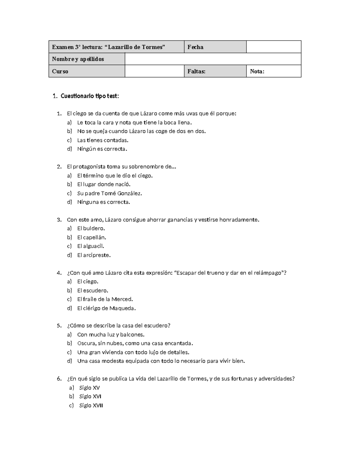 Examen 3º de Lectura: Lazarillo de Tormes - Cuestionario y Preguntas ...