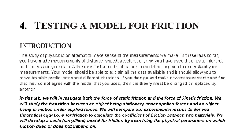 Physics 1AL Lab 4: Testing a Model for Friction Analysis - Studocu