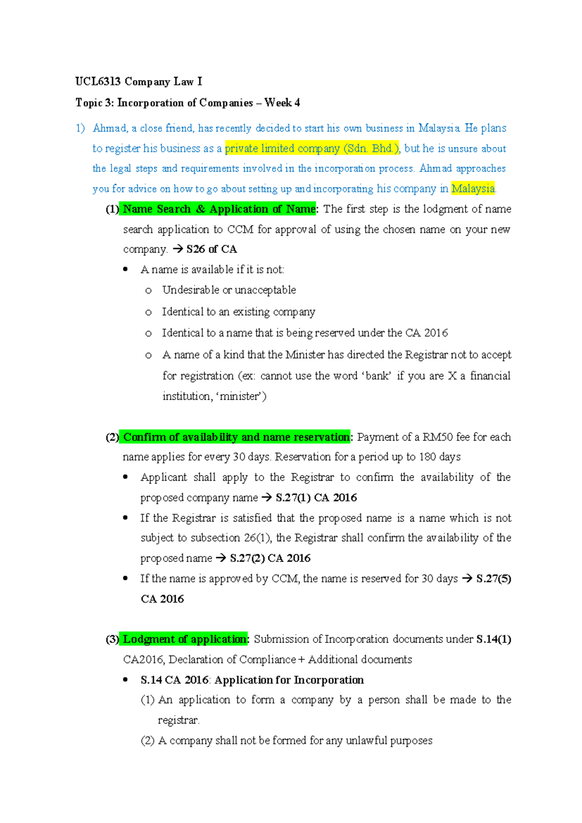 UCL6313 Company Law I: Tutorial 4 - Incorporation Process Explained ...