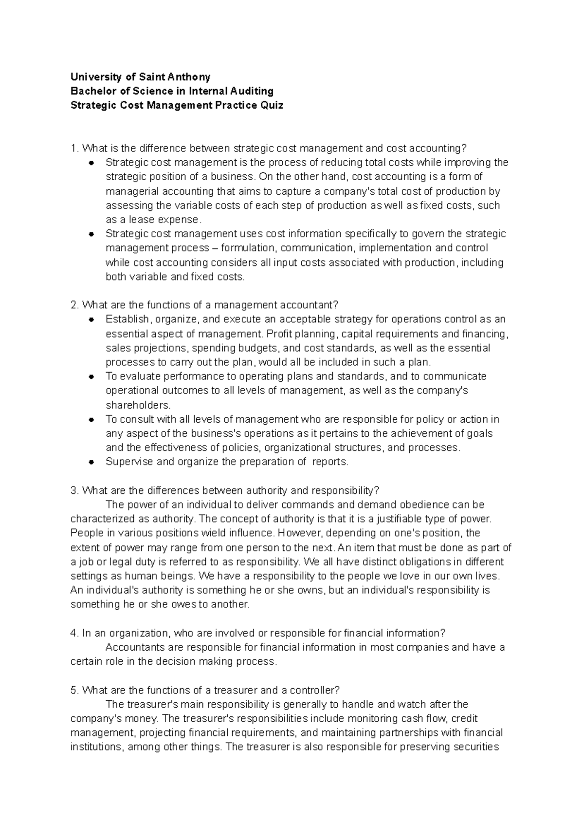 Strategic Cost Management Practice Quiz (BSIA 2023) - Studocu