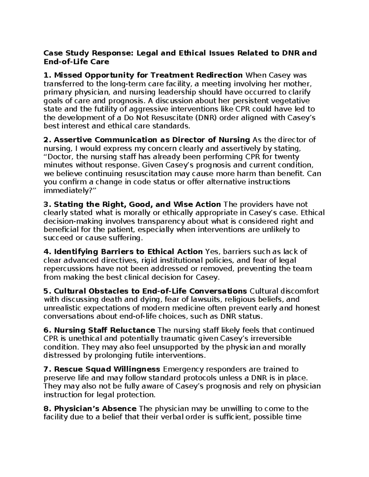 DNR Ethics Case Study: Legal and Ethical Considerations in Care - Studocu