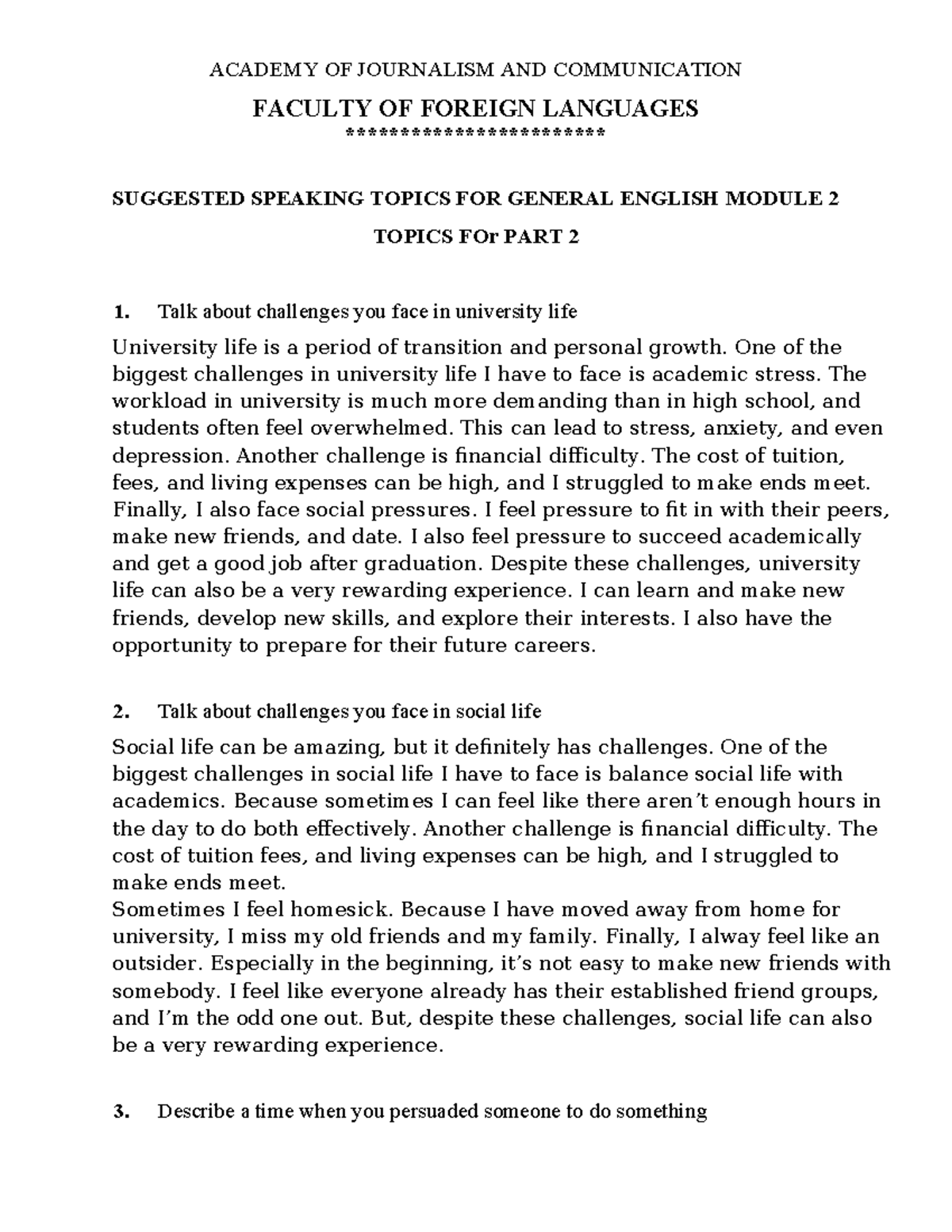 Suggested Speaking & Writing Topics for GE2 Module - Studocu