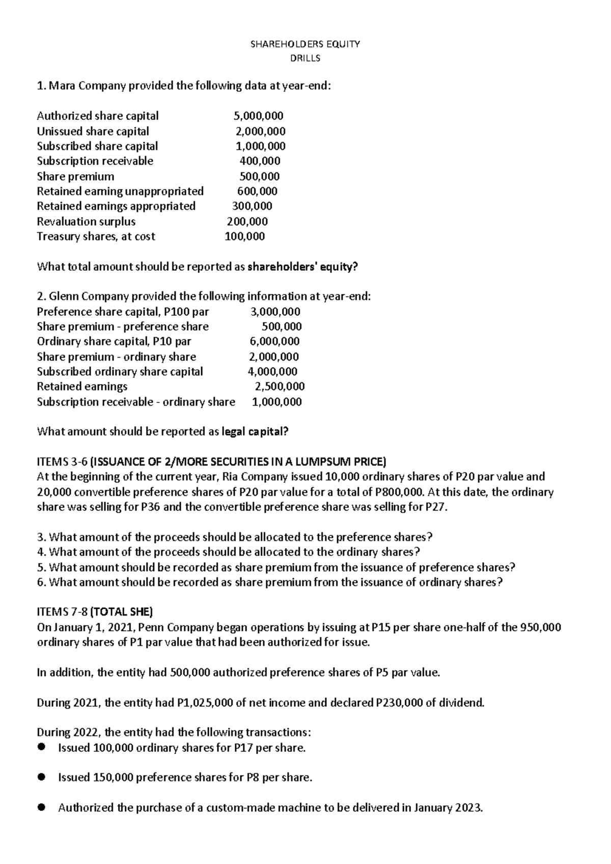 SHE 101: Shareholders Equity Drills and Calculations - Studocu