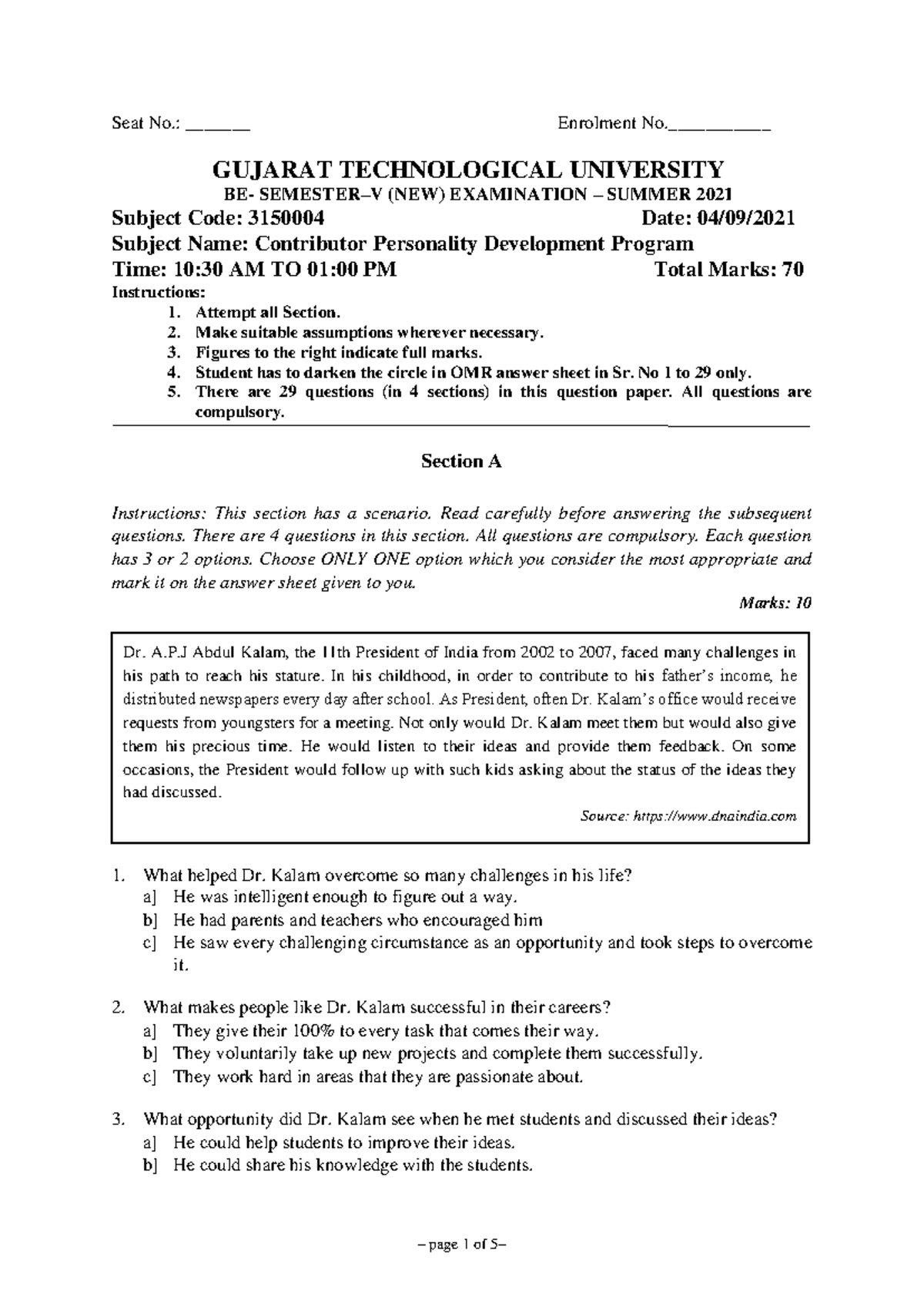 3150004 Contributor Personality Development Exam Paper - Summer 2021 ...
