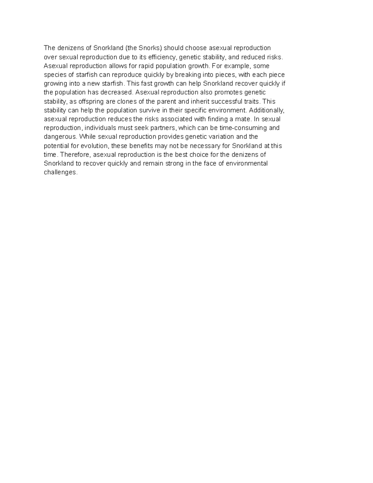Asexual Reproduction Benefits for Snorkland's Denizens (A) R. CER - Studocu