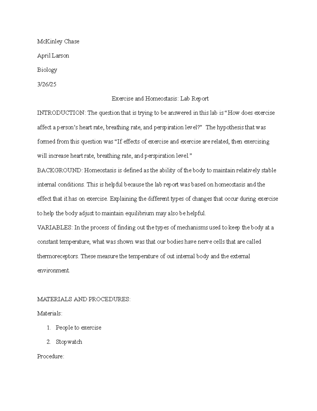 Lab Report - idek - McKinley Chase April Larson Biology 3/26/ Exercise ...