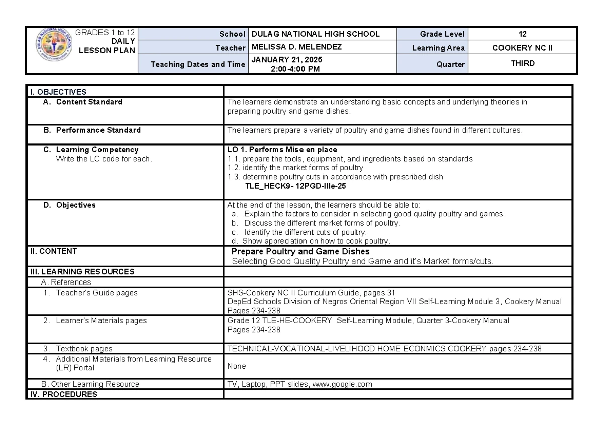 Grade 12 Cookery NC II: Daily Lesson Plan on Stocks, Sauces, and Soups ...