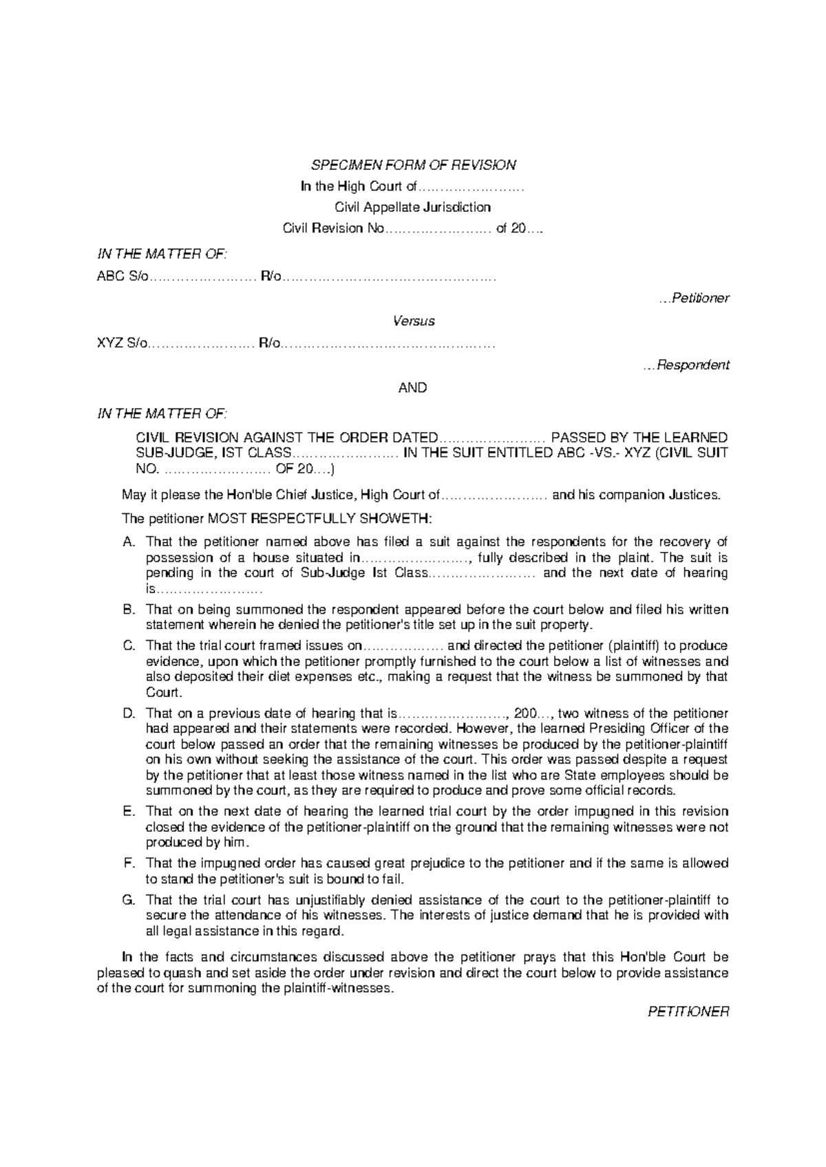 Specimen FORM OF Revision - SPECIMEN FORM OF REVISION In the High Court ...