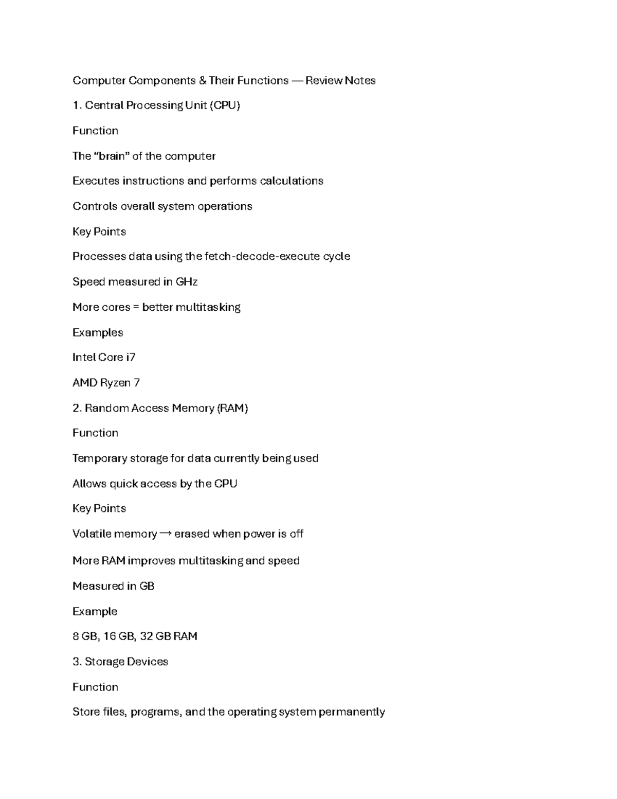 Computer Components and Their Functions Review Notes - Studocu