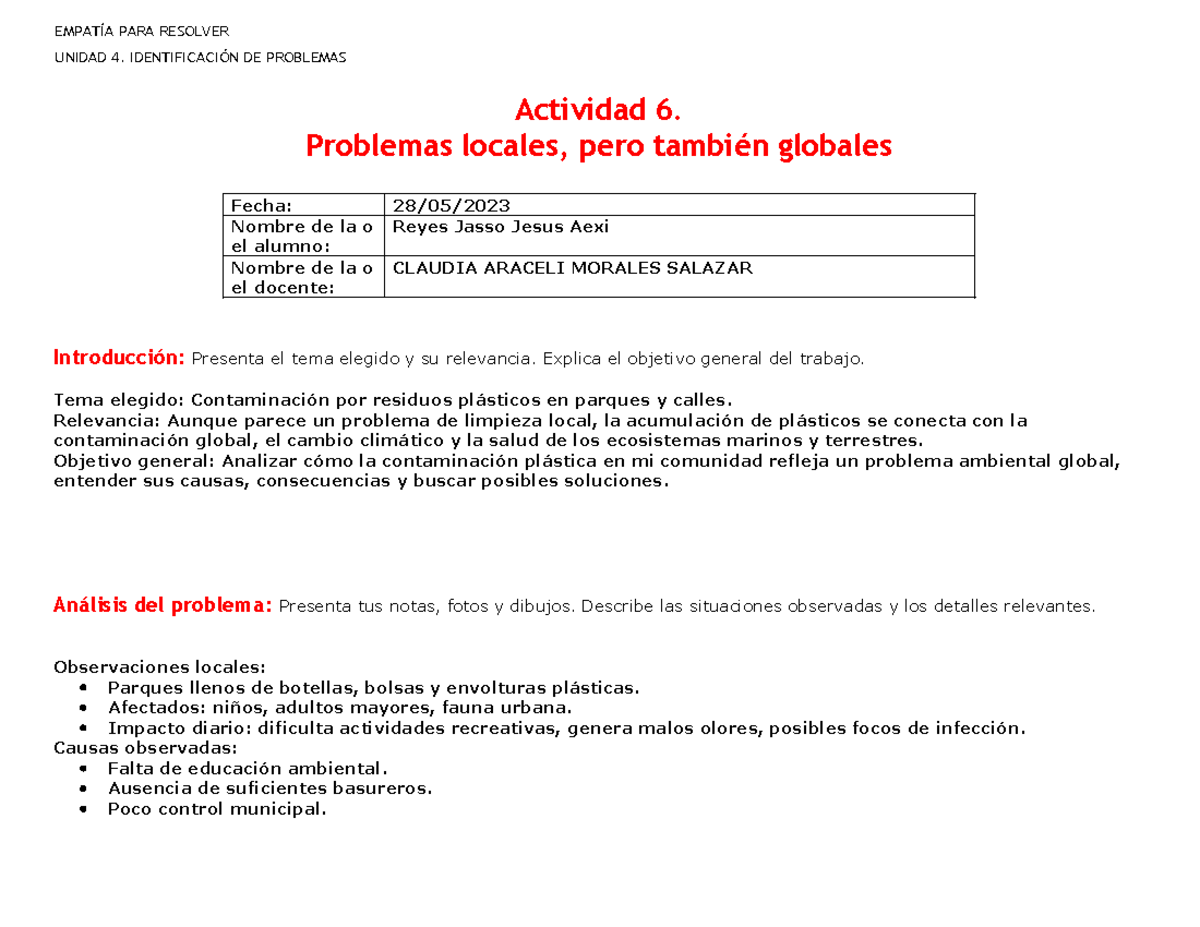 Empatía para Resolver: Problemas Locales y Globales - Unidad 4 - Studocu