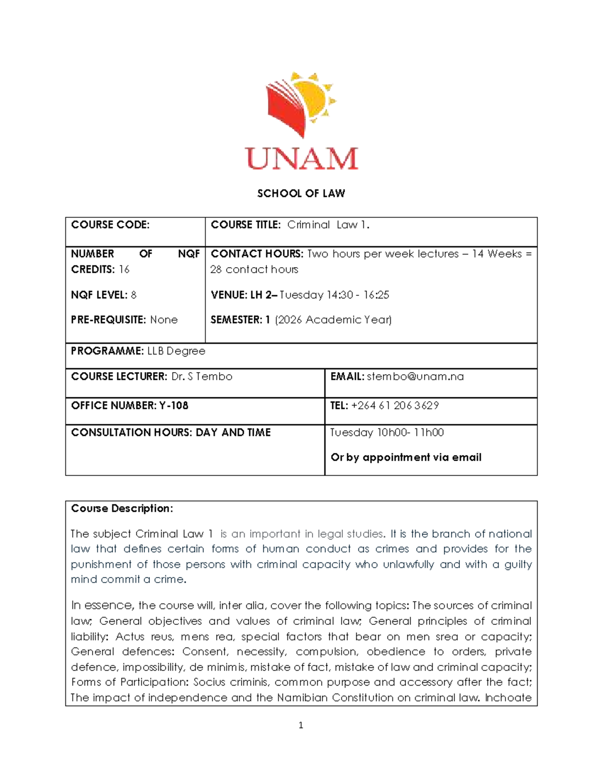 Criminal Law 1 Course Outline (LLB 2026) - Dr. S. Tembo - Studocu