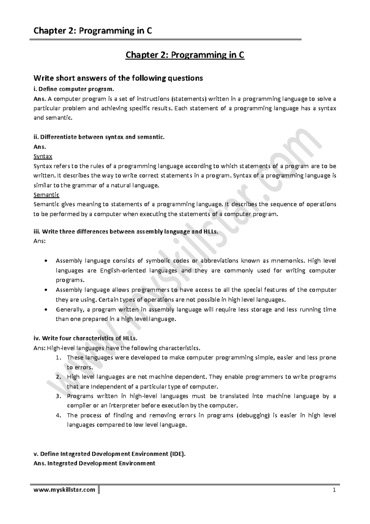 Chapter 2 Programming in C - Chapter 2 : Programming in C Write short ...