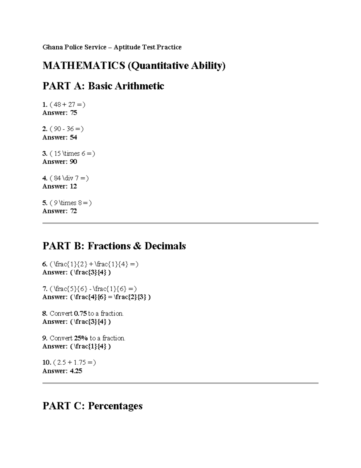 Ghana Police Service Mathematics Aptitude Test Practice (Batch 3) - Studocu