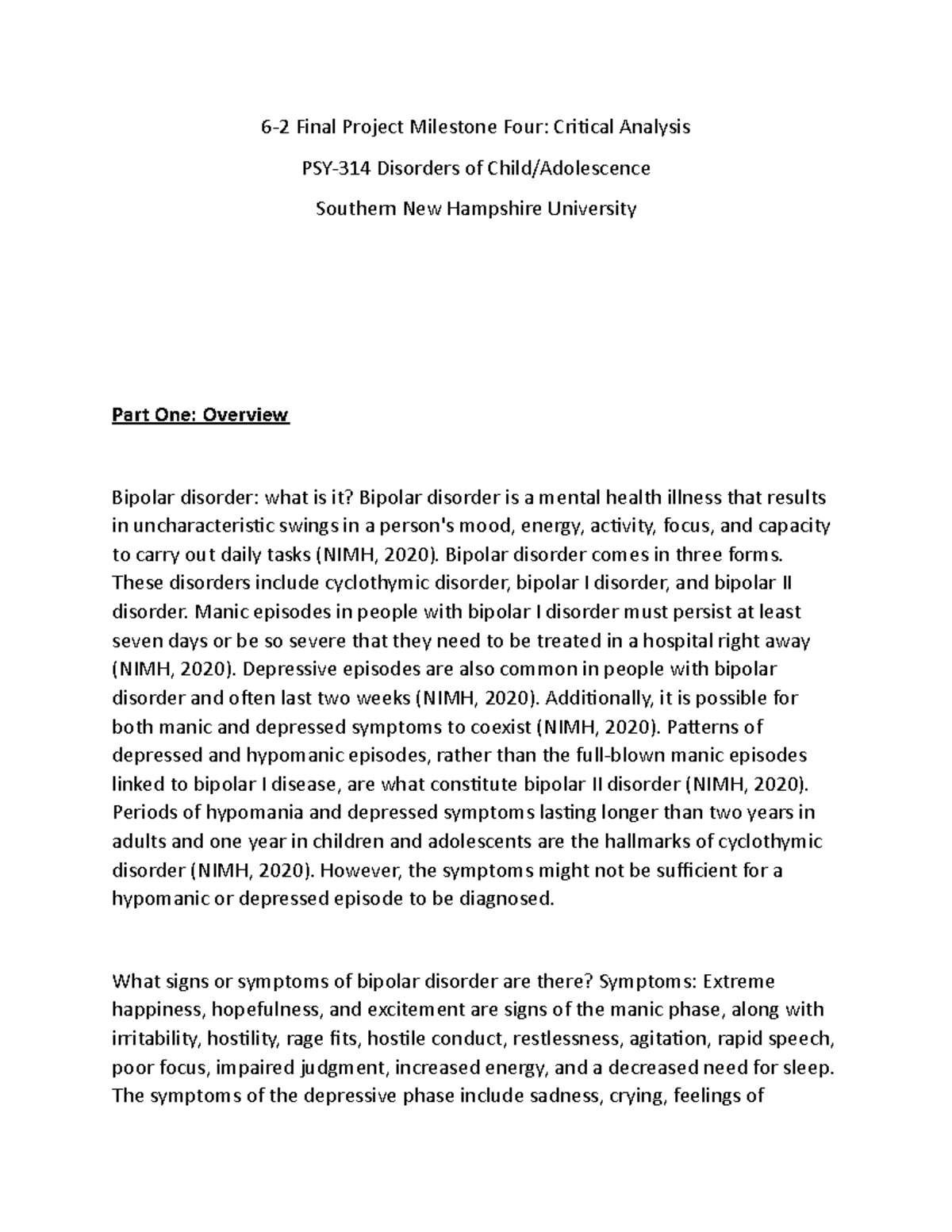 PSY-314 Final Project Milestone Four: Critical Analysis of Bipolar ...