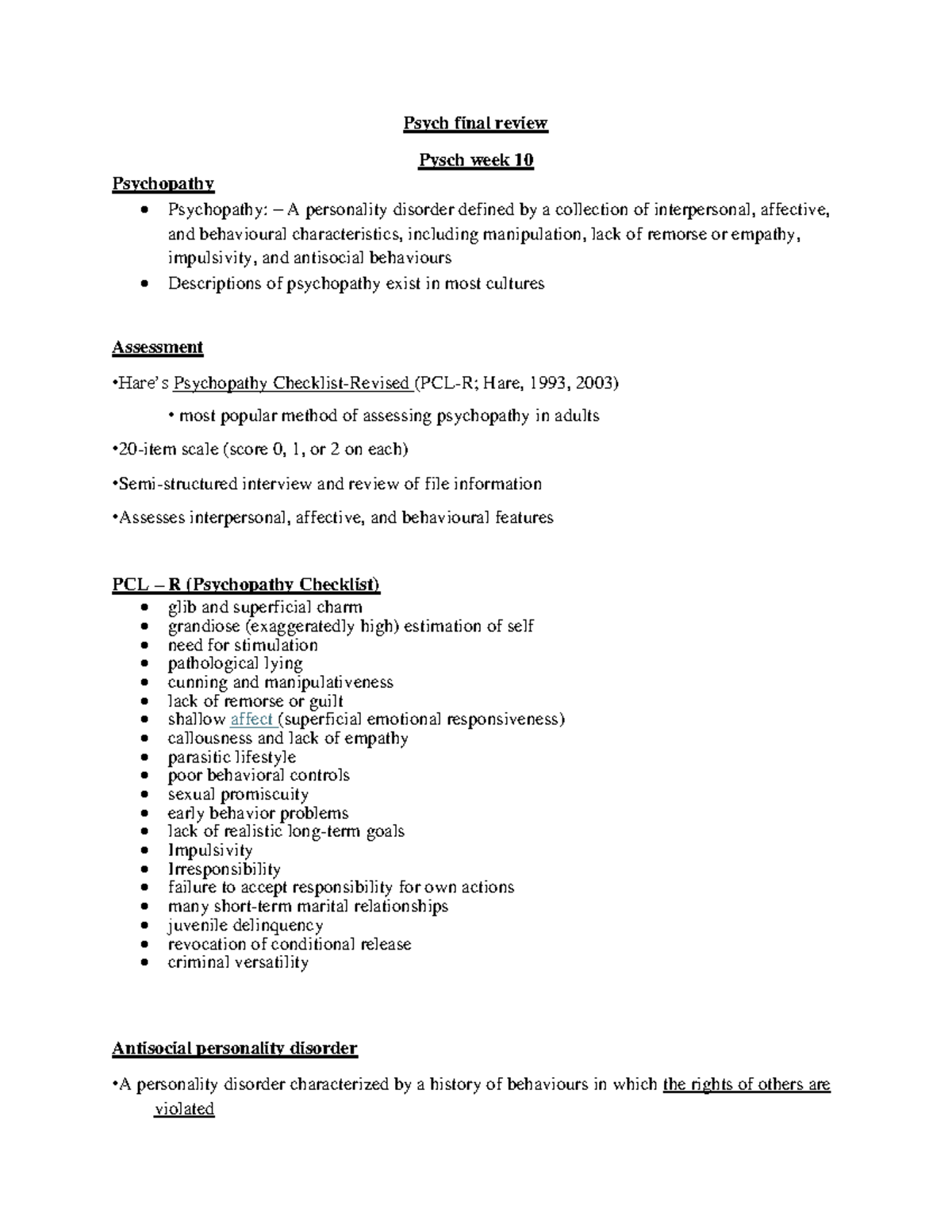 Psych 300 Final Exam Review: Key Concepts in Psychopathy - Studocu
