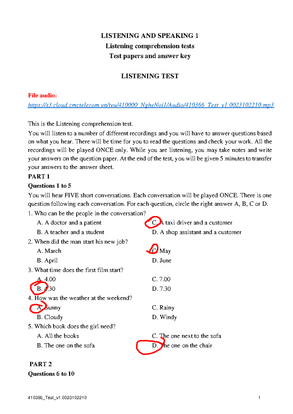 410366 Listening Comprehension Test v1 - Listening & Speaking 1 - Studocu