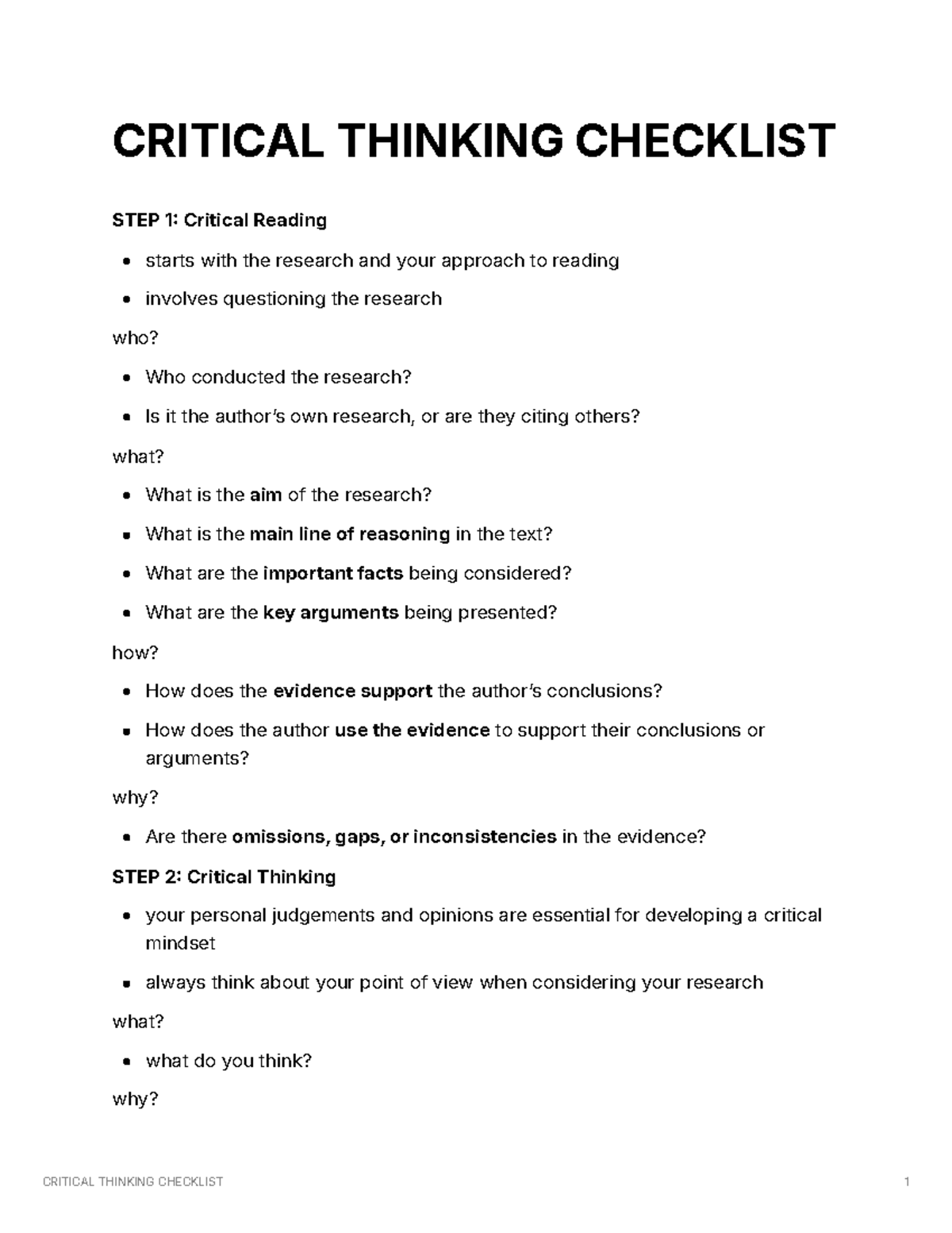 Critical Thinking Reading - Week 2 - CRITICAL THINKING CHECKLIST STEP 1 ...