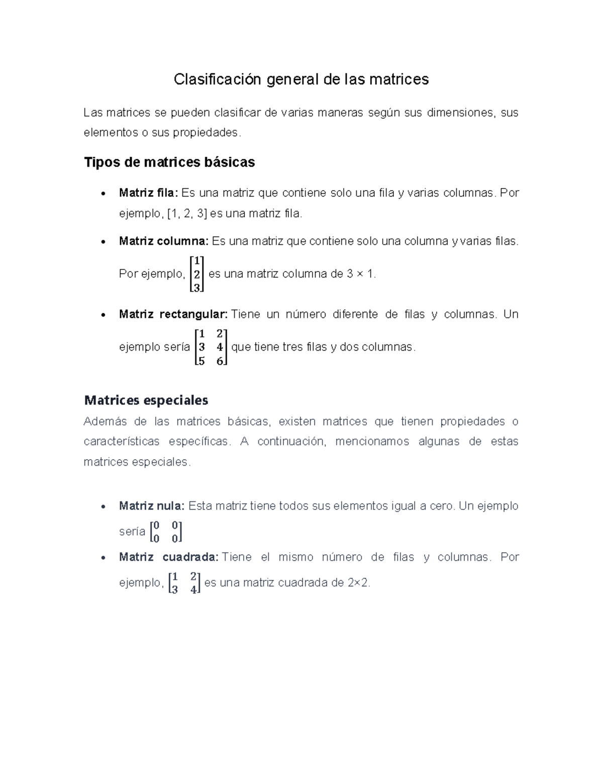 Clasificación de Matrices: Tipos y Propiedades Esenciales - Studocu