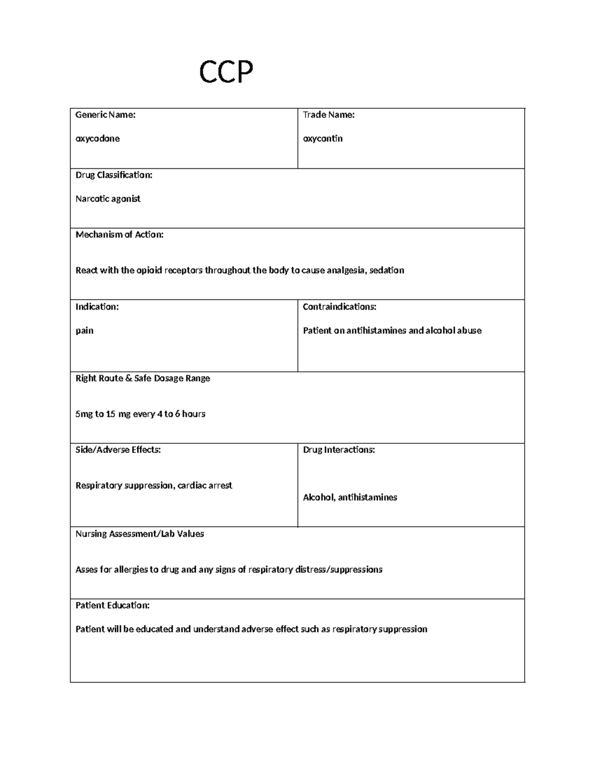 Oxycodone Drug Card - Med card - CCP Drug Generic Name: oxycodone Trade ...