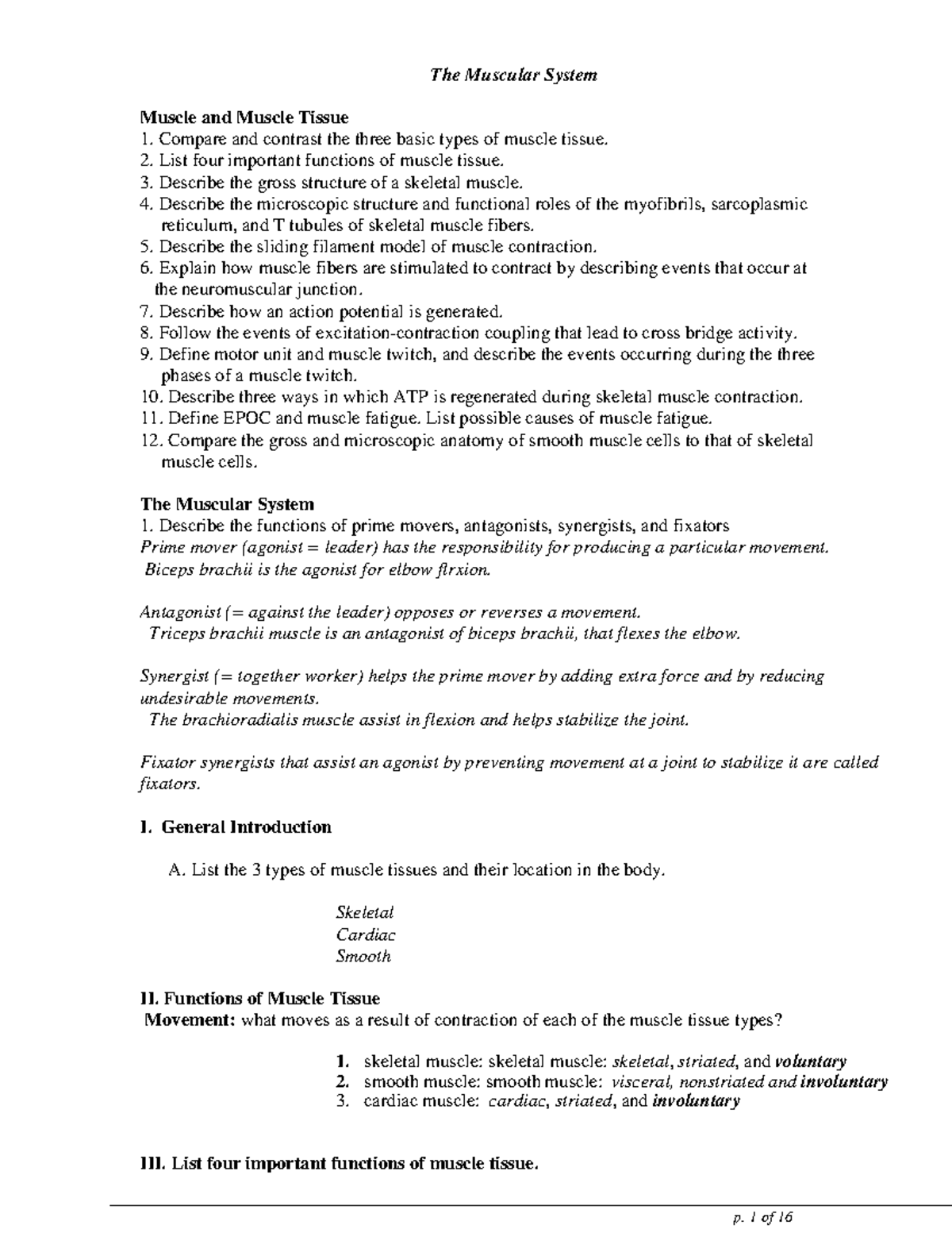 Muscle Physiology and Mechanics: Study Notes for Course Code 3F243E ...