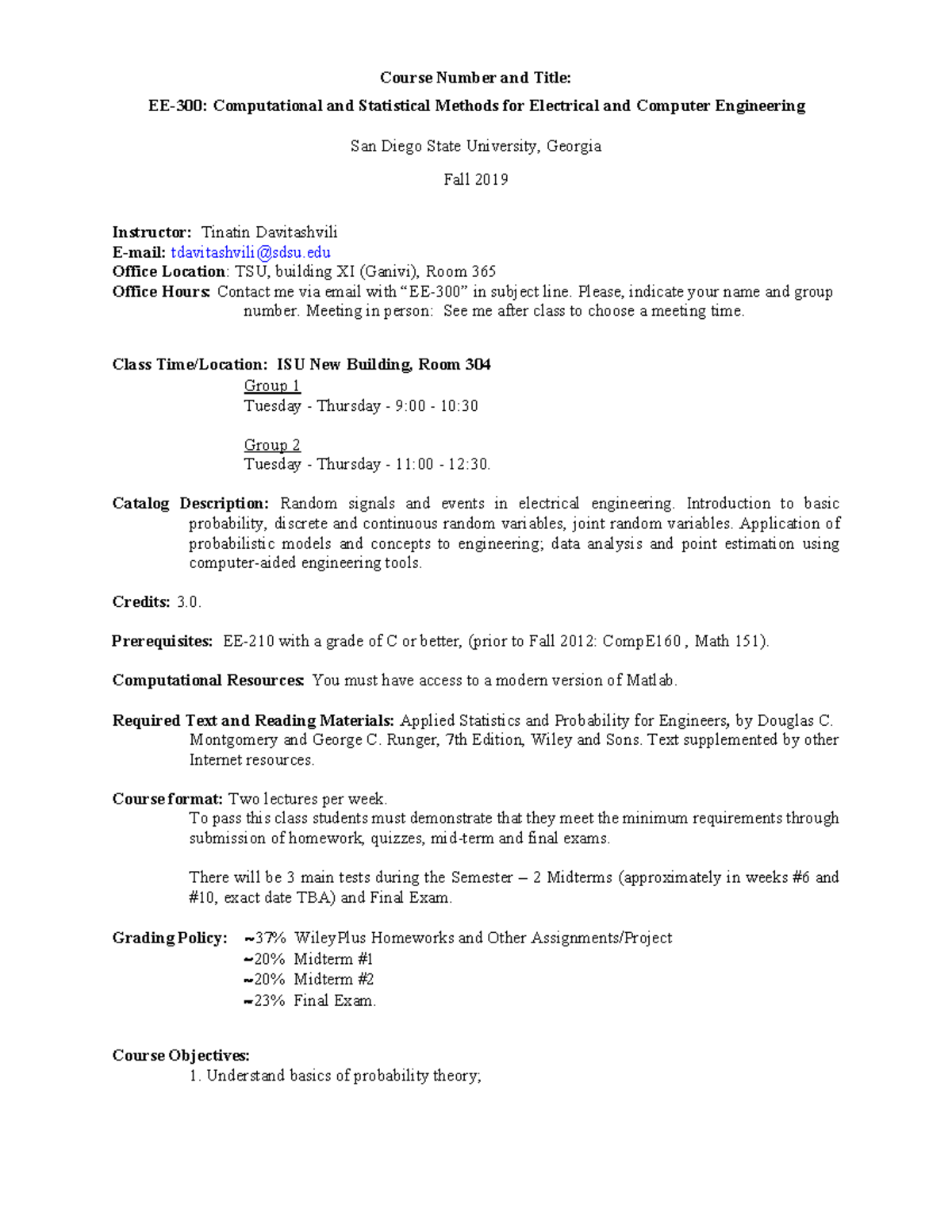 EE300 Syllabus: Computational and Statistical Methods - Fall 2019 - Studocu