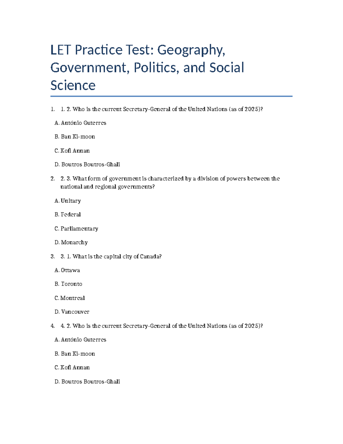LET Practice Test: Geography, Government, and Social Science (100 Items ...