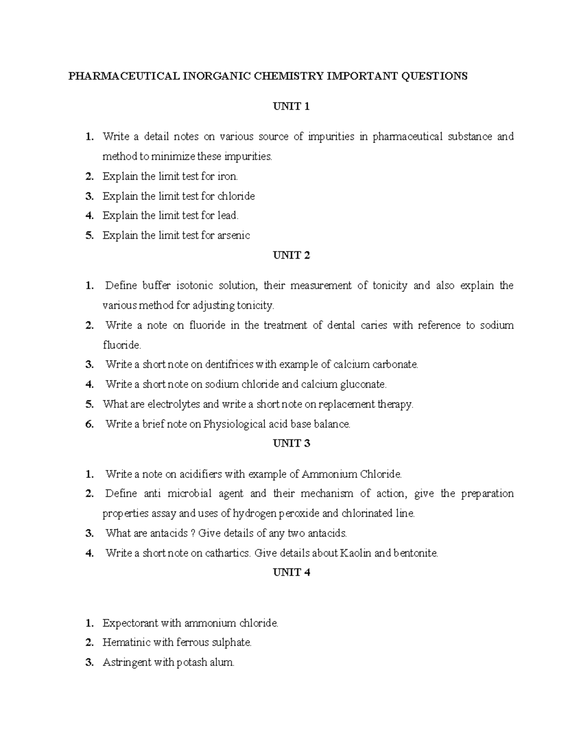 PHARMACEUTICAL INORGANIC CHEMISTRY PIOC QUESTION BANK UNIT 1-5 - Studocu