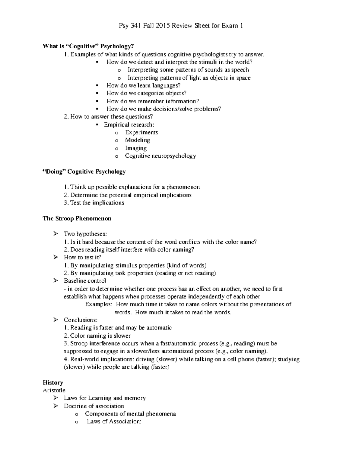 Cognitive Psychology Exam 1 Review Sheet - Key Concepts & Theories ...