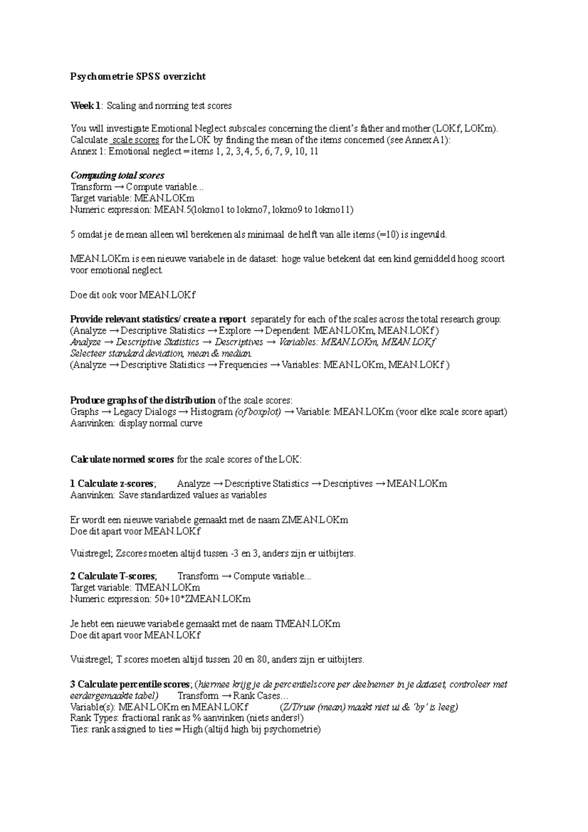 Psychometrie SPSS Overzicht: Week 1 en 2 Analyse van Schalen - Studeersnel