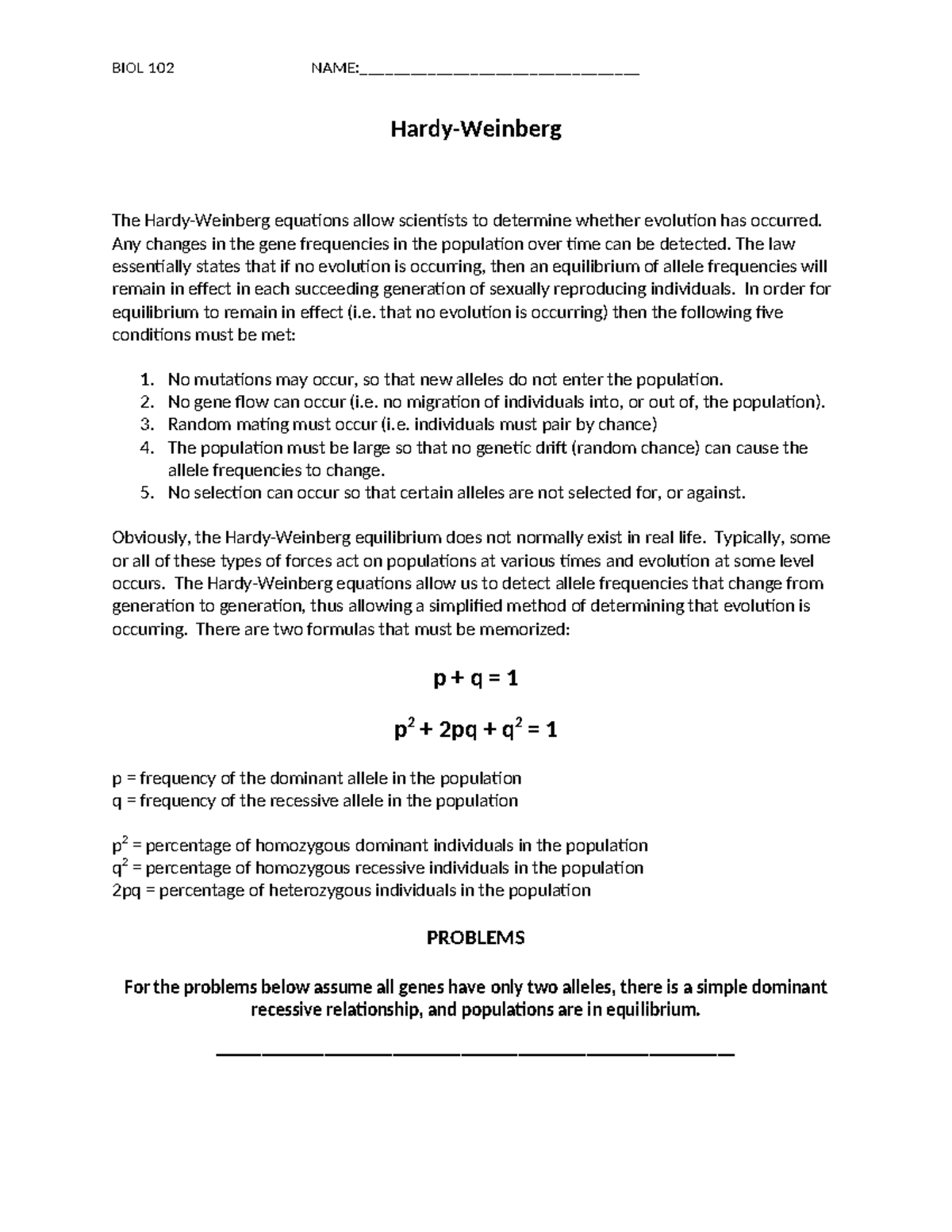 BIOL 102 Hardy-Weinberg Equilibrium Problem Set and Solutions - Studocu